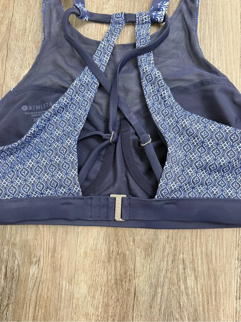 Athleta Navy & White High-Neck Patterned Swimsuit Top, size 36B/C